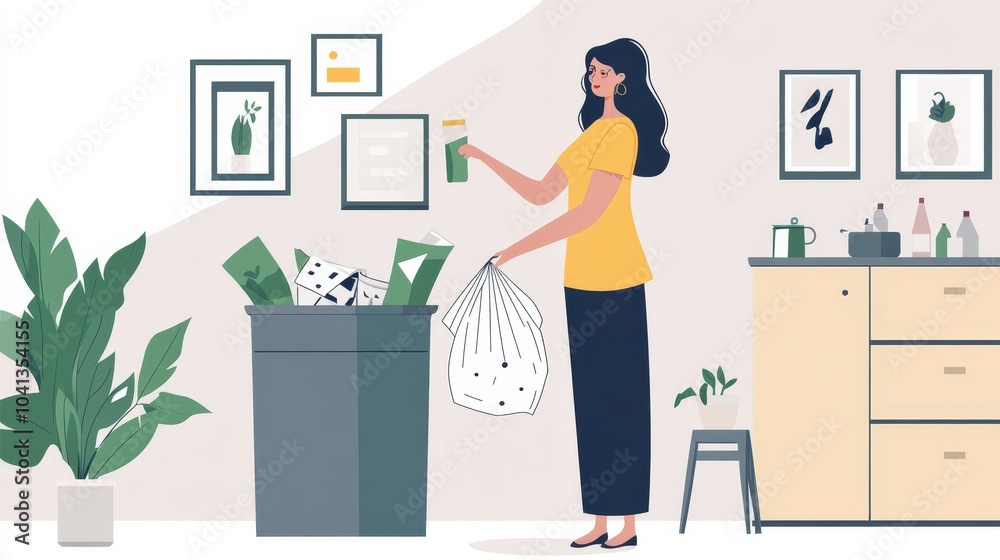 Woman Disposing of Trash in Modern Kitchen Woman Disposing of Trash in Modern Kitchen