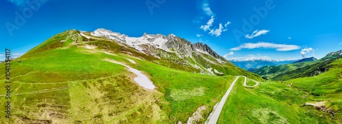 mountain, landscape, sky, nature, mountains, summer, rock, alps, peak, valley, green, view, snow, clouds, cloud, travel, panorama, grass, hiking, high, meadow, hill, forest, France, valloire photo