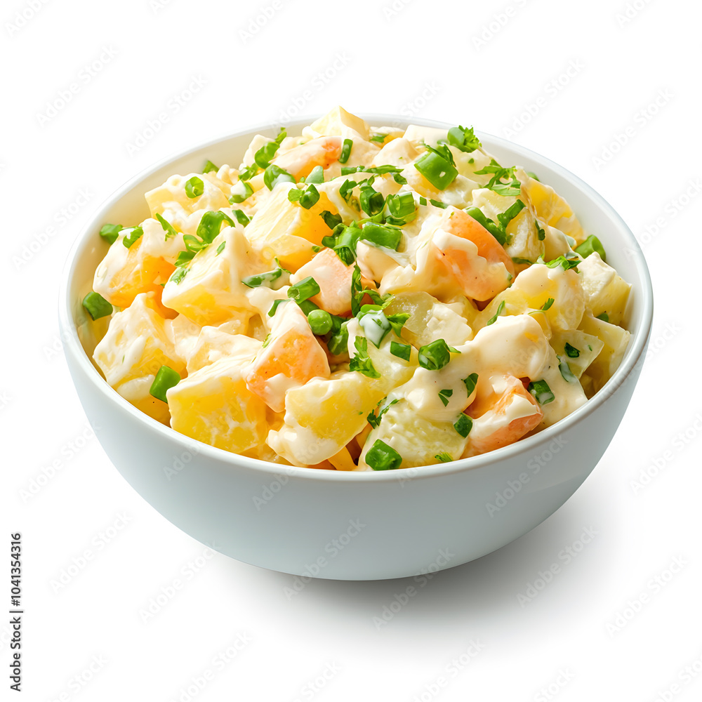 White bowl filled with creamy potato salad isolated on white White bowl filled with creamy potato salad isolated on white