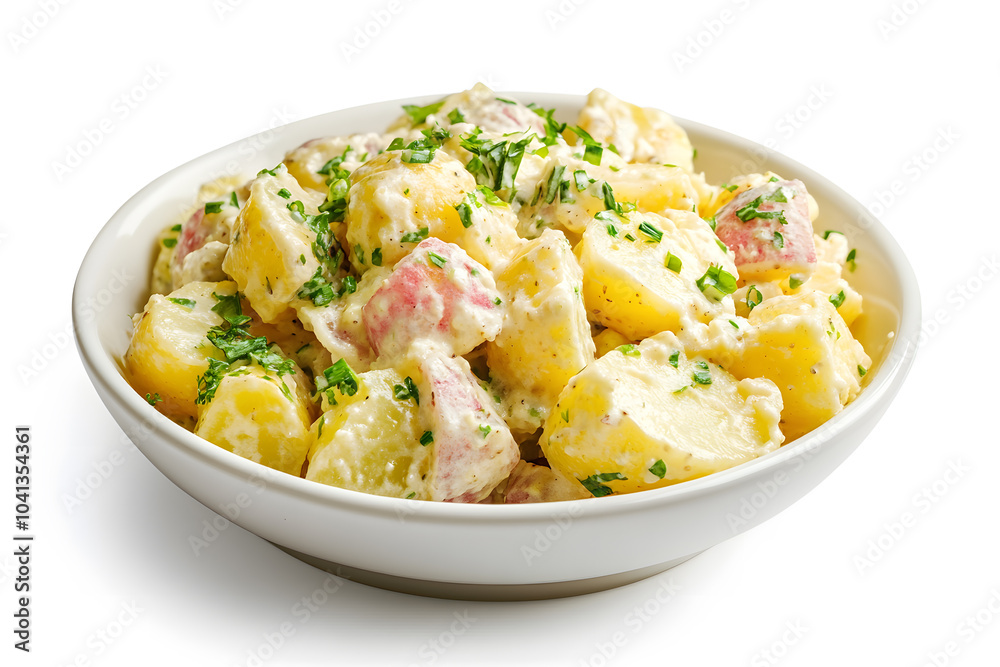White bowl filled with creamy potato salad isolated on white White bowl filled with creamy potato salad isolated on white