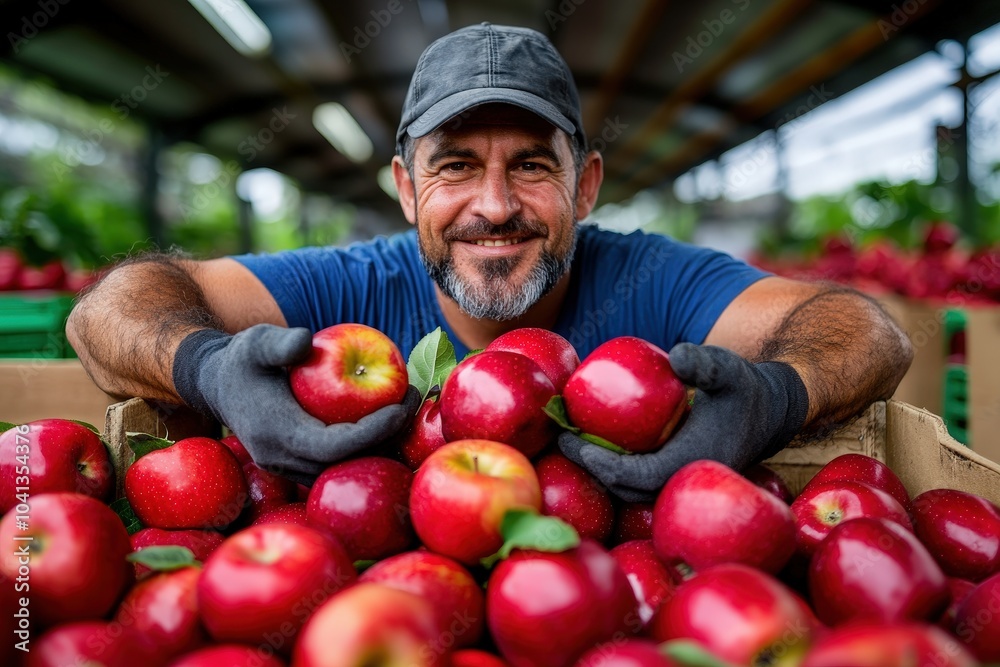 Fototapeta premium A joyful man, wearing gloves and a cap, leans over a large box of fresh red apples in a vibrant market setting, expressing pride and satisfaction.
