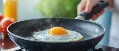 A freshly cooked egg sizzling in a pan, perfect for breakfast. Colorful ingredients add vibrancy to the kitchen scene.