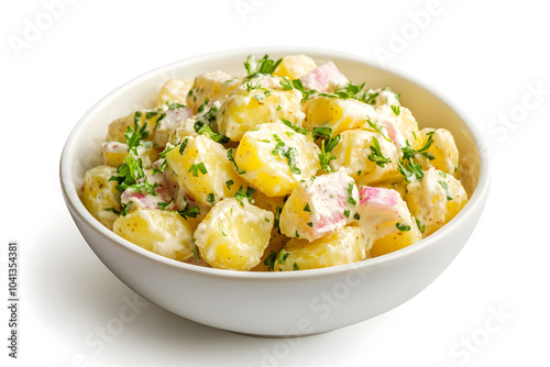 White bowl filled with creamy potato salad isolated on white