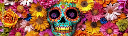 Neon-colored sugar skull with intricate floral designs, bright green and pink hues