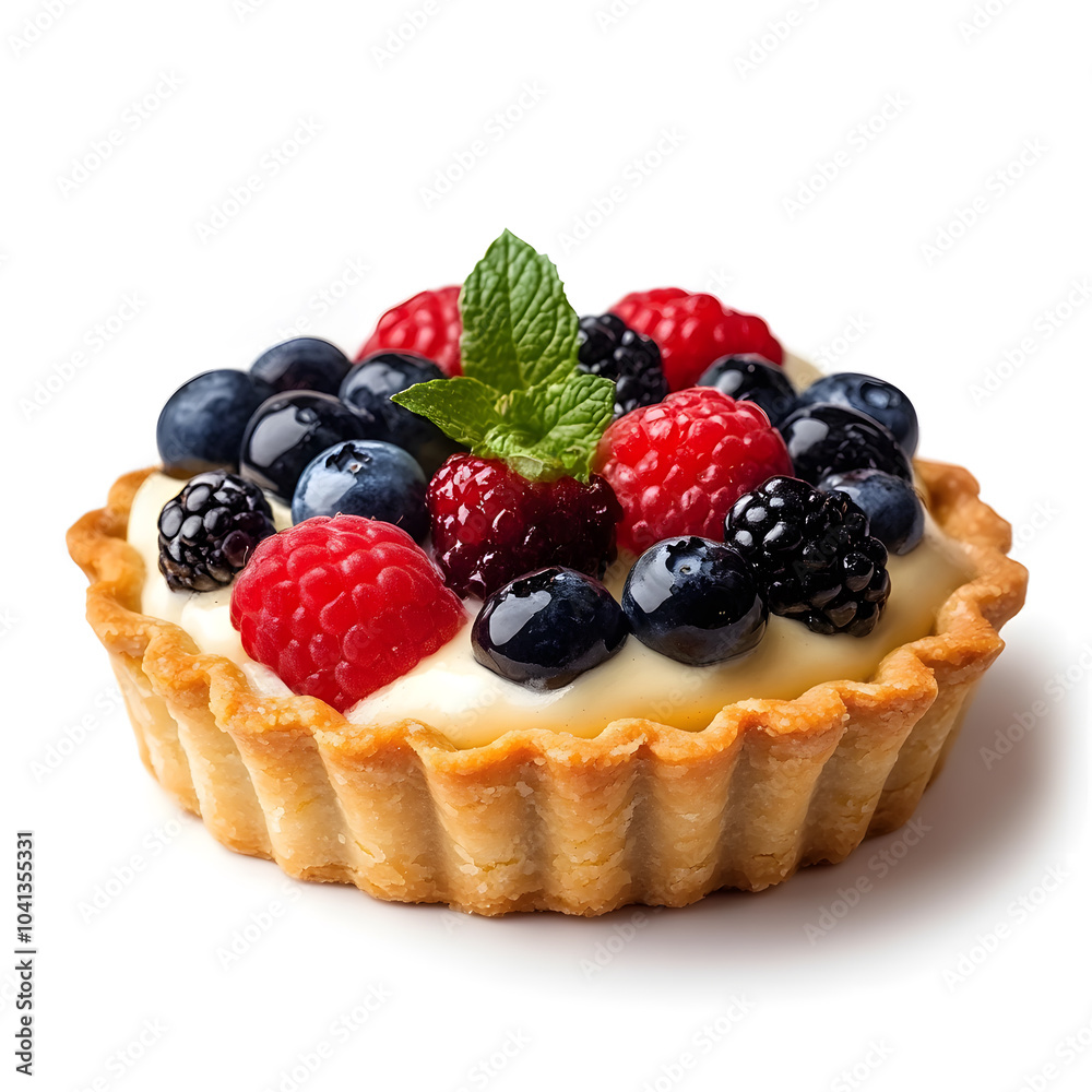 Fresh fruit tart topped with cream and fresh berries isolated on white background Fresh fruit tart topped with cream and fresh berries isolated on white background