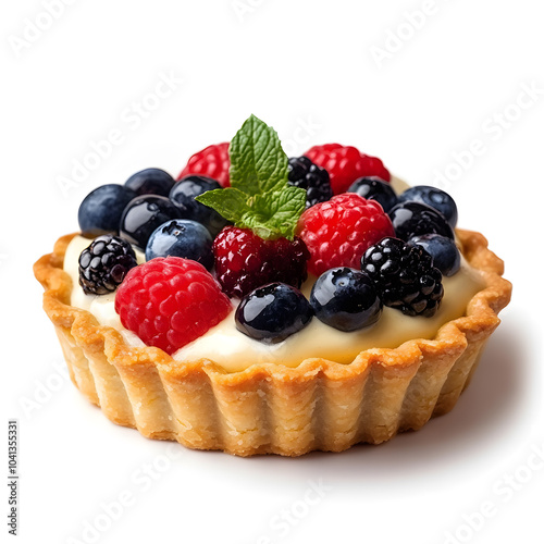 Fresh fruit tart topped with cream and fresh berries isolated on white background