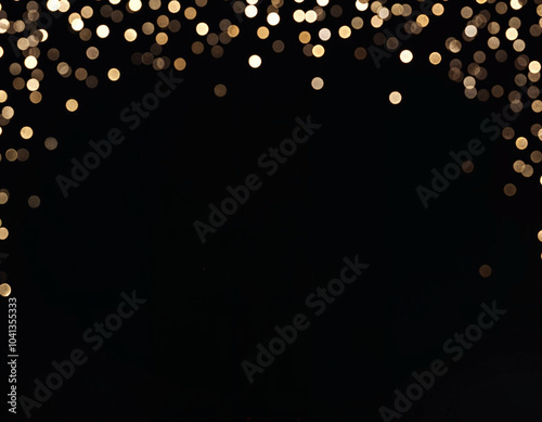 golden and silver confetti and glitters are arranged on top of black background