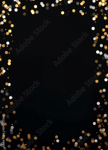 golden and silver confetti are arranged on black background with central space on it