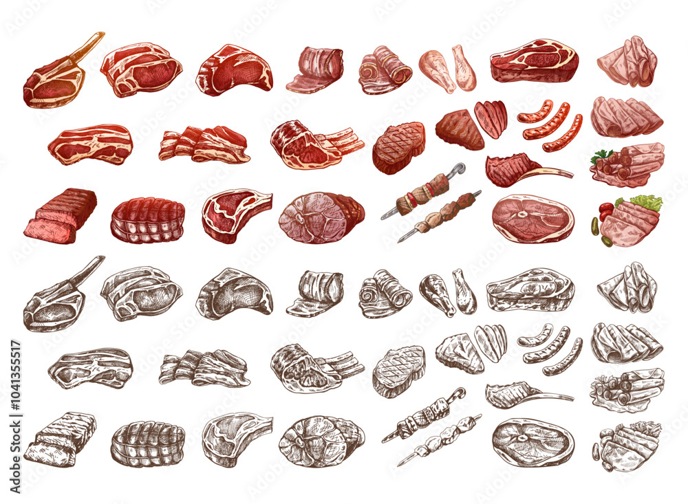 Set of hand-drawn colored and monochrome sketches of different types of meat, steaks, chicken, kebabs, bacon, tenderloin, pork, beef, ham, barbecue. Vintage illustration. Set of hand-drawn colored and monochrome sketches of different types of meat, steaks, chicken, kebabs, bacon, tenderloin, pork, beef, ham, barbecue. Vintage illustration.