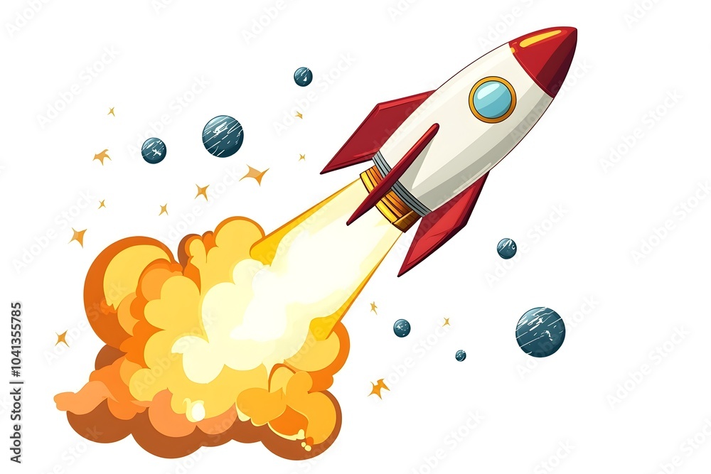 Cartoon Rocket Blasting Off to Explore Space with Flames and Smoke Cartoon Rocket Blasting Off to Explore Space with Flames and Smoke