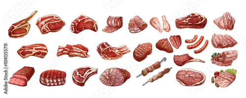 Set of hand-drawn colored  sketches of different types of meat, steaks, chicken, kebabs, bacon, tenderloin, pork, beef, ham, barbecue. Vintage illustration.