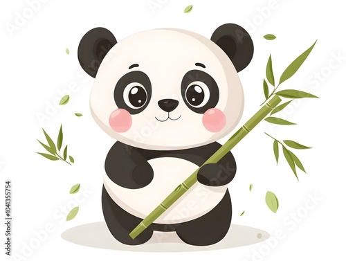 Cute Cartoon Panda Holding Bamboo Stick with Rosy Cheeks and Big Round Eyes on White Background photo