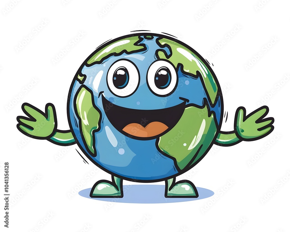 Fototapeta premium Smiling Cartoon Planet Holding Recycling Symbol for Environmental Awareness