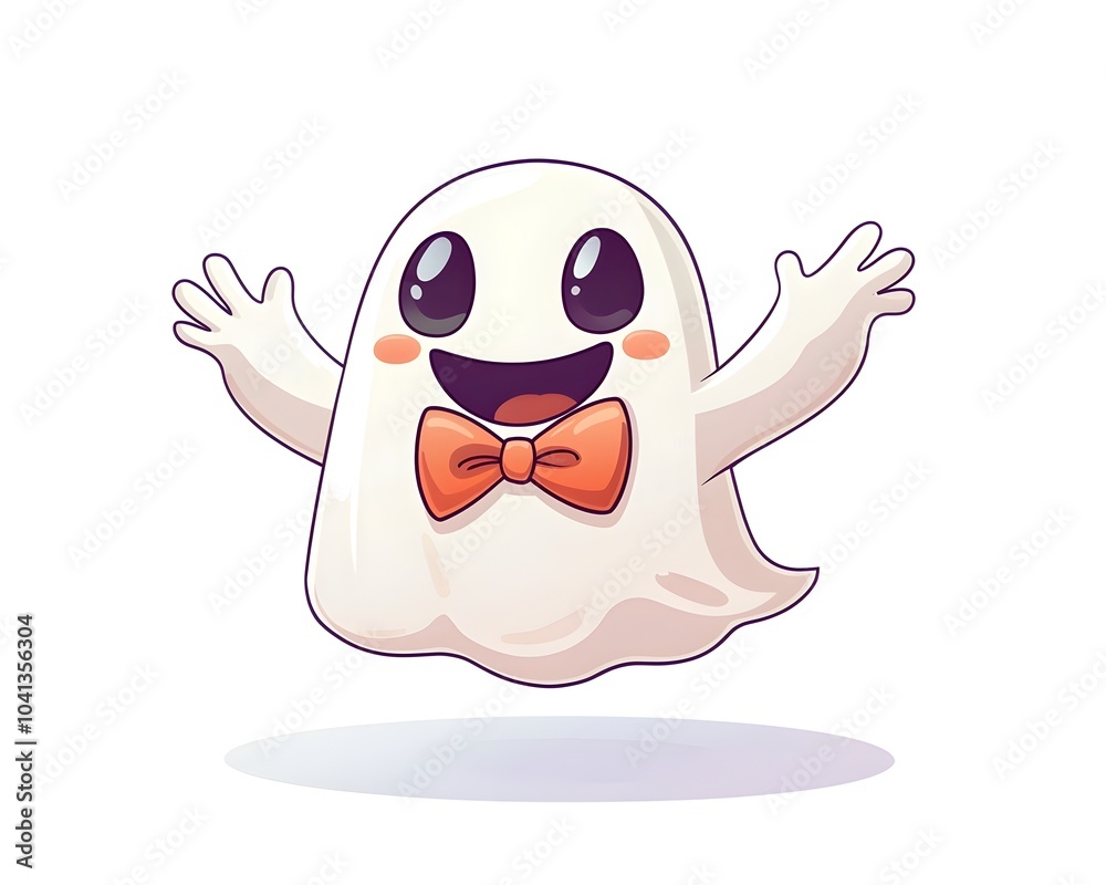 Obraz premium Cute Cartoon Ghost in Bowtie Floating Happily with White Background for Halloween Fun and Festive Designs
