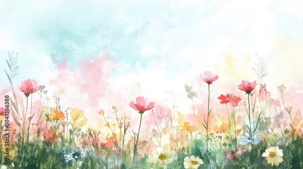 Soft Watercolor Field of Wildflowers in Bloom Soft Watercolor Field of Wildflowers in Bloom