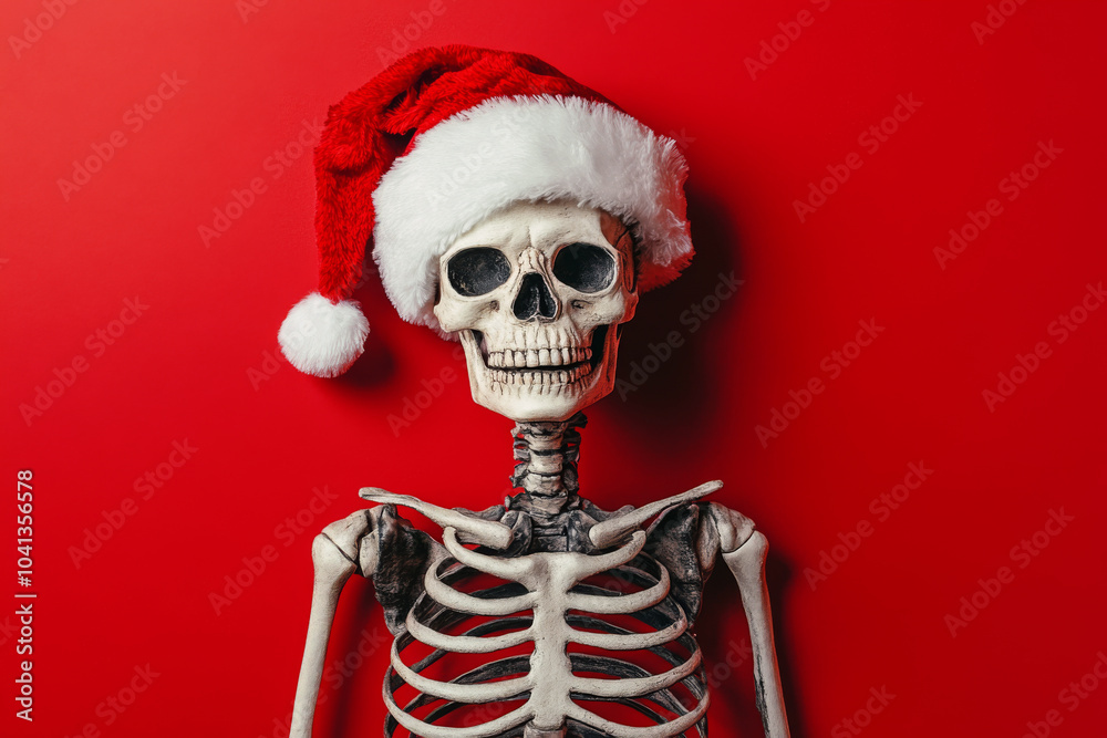 Happy skeleton wearing festive Santa hat against bright red background with copy space. Christmas composition Happy skeleton wearing festive Santa hat against bright red background with copy space. Christmas composition