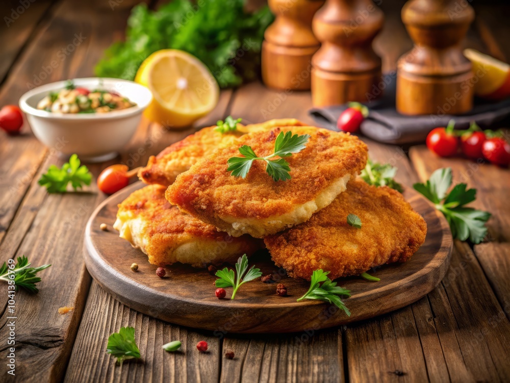 Golden Crusted Fried Chicken Cutlets on a Rustic Kitchen Table - Minimalist Photography with Warm Tones and Natural Lighting for Culinary Inspiration Golden Crusted Fried Chicken Cutlets on a Rustic Kitchen Table - Minimalist Photography with Warm Tones and Natural Lighting for Culinary Inspiration