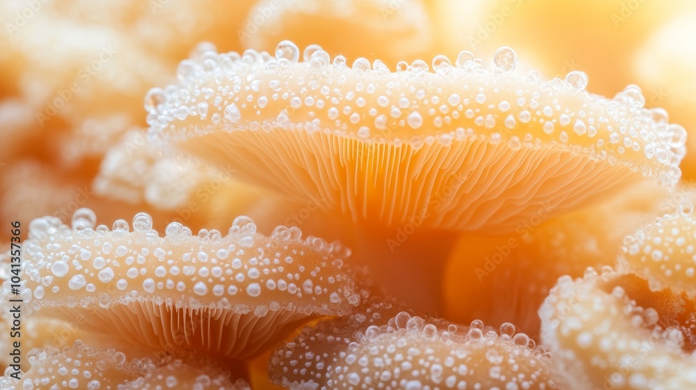 Close-up view of delicate mushrooms adorned with water droplets, showcasing natural textures and soft colors on a blurred orange background. Close-up view of delicate mushrooms adorned with water droplets, showcasing natural textures and soft colors on a blurred orange background.