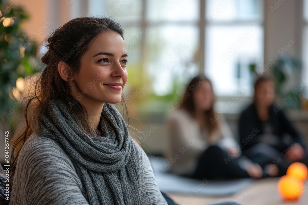 Young woman enjoying a peaceful moment during a meditation session in a bright, cozy room Young woman enjoying a peaceful moment during a meditation session in a bright, cozy room