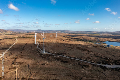 Aerial view of Bonny Glen and the Loughderryduff windfarm between Ardara and Portnoo in County Donegal.