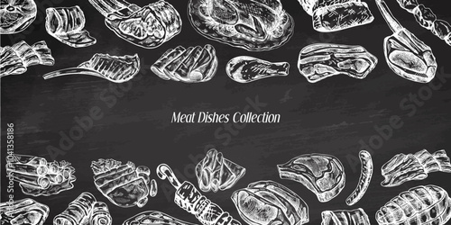 Meat and vegetables menu template in engraved vintage style on chalkboard background. Hand-drawn sketches of barbecue meat pieces with herbs and seasonings.