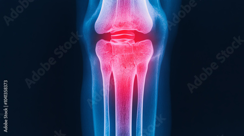 X-ray of a human knee joint showcasing a vibrant red highlight for medical analysis, isolated on a dark background.