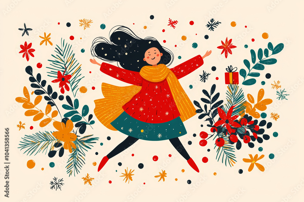 Fototapeta premium A cheerful girl in a red coat and scarf celebrating the festive season surrounded by colorful decorations and nature-inspired elements