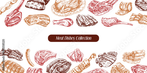 Meat and vegetables menu template in engraved vintage style. Hand-drawn sketches of barbecue meat pieces with herbs and seasonings. Background for meat restaurant.