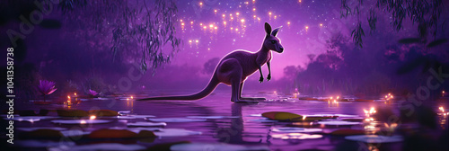 A kangaroo bouncing across floating lily pads in a shimmering purple sky, with stars shaped like fireflies  photo