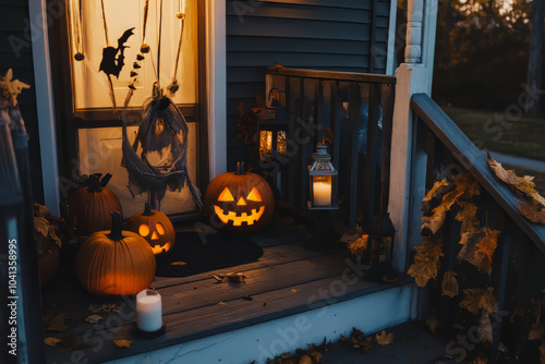 Halloween Porch with Carved Pumpkins and Lanterns in a Spooky Night Setting. photo