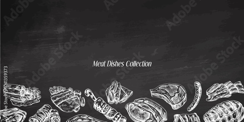 Meat and vegetables menu template in engraved vintage style on chalkboard background. Hand-drawn sketches of barbecue meat pieces with herbs and seasonings.