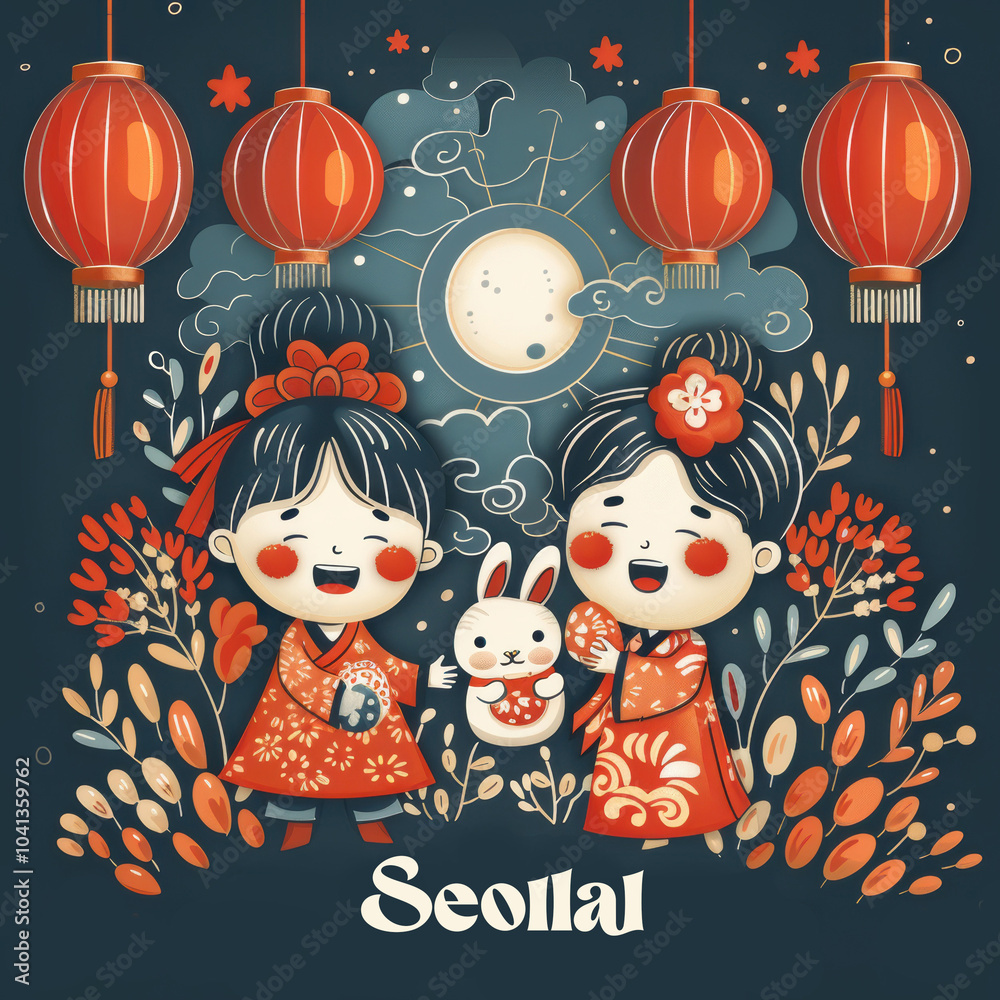 Fototapeta premium Illustration of two children in hanbok celebrating Seollal with red lanterns and a full moon, holding a rabbit, full of joy and festivity.