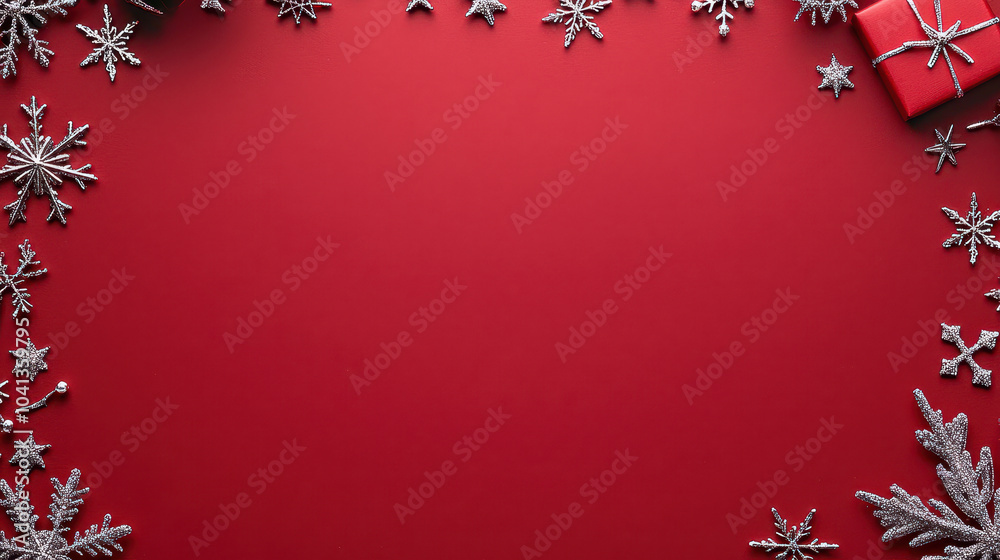 Red background adorned with silver snowflakes and a wrapped gift, perfect for festive holiday themes and seasonal decorations Red background adorned with silver snowflakes and a wrapped gift, perfect for festive holiday themes and seasonal decorations