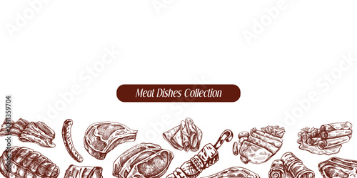 Meat and vegetables menu template in engraved vintage style. Hand-drawn sketches of barbecue meat pieces with herbs and seasonings. Background for meat restaurant.