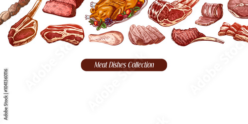 Meat and vegetables menu template in engraved colored vintage style. Hand-drawn sketches of barbecue meat pieces with herbs and seasonings. Background for meat restaurant.