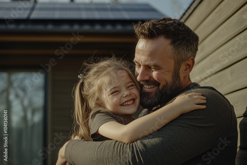 Vater und Tochter lächelnd und umarmend vor Solarzellen, Familienfreude, erneuerbare Energie, nachhaltiges Leben, umweltfreundlich, Sonnenlicht,  Photovoltaik, PV