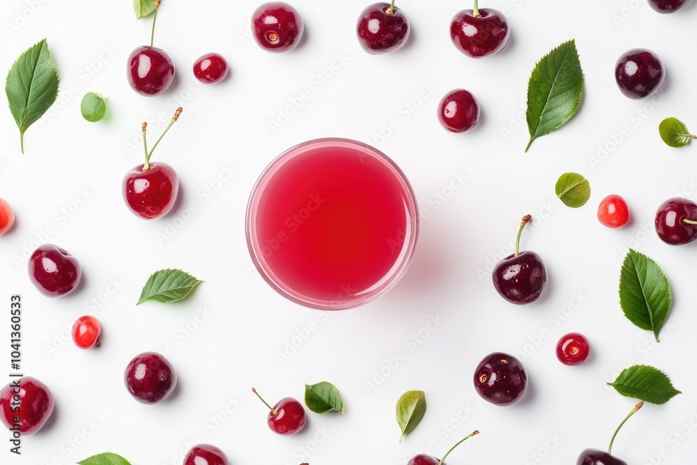 Fresh Cherry Juice with Cherries and Leaves on White Background Fresh Cherry Juice with Cherries and Leaves on White Background