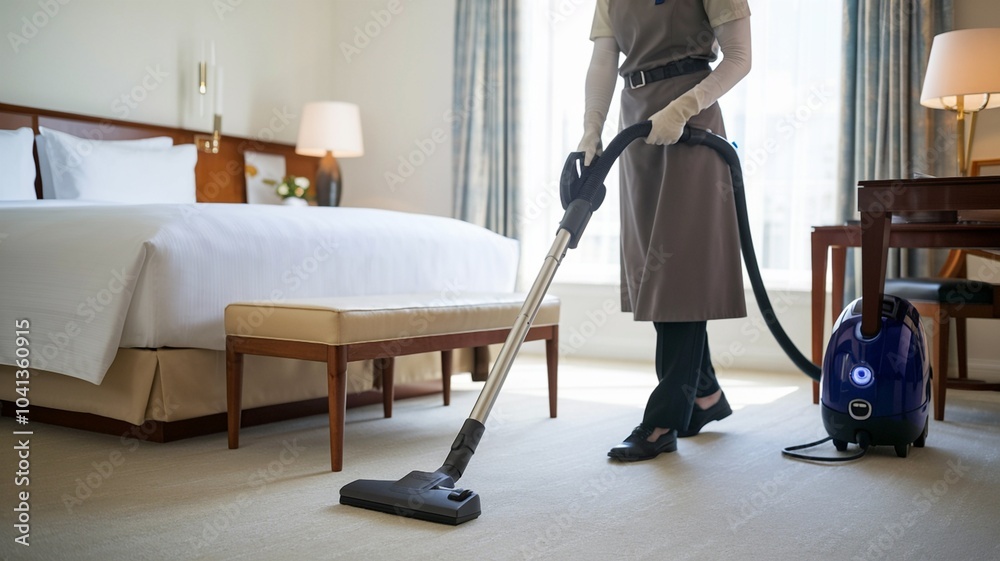 Fototapeta premium Housekeeper Vacuuming a Neat Hotel Room