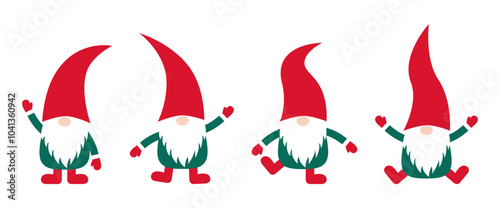 Christmas gnomes in red hats isolated on white background. Cute Christmas character with white beard, symbol of wealth and prosperity. Vector illustration.