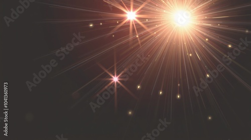 Lens flare, bright sunburst, cosmic rays, warm orange glow, star-like sparkles, ethereal light beams, celestial atmosphere, deep space background, dreamy luminescence, astronomical phenomenon, abstrac