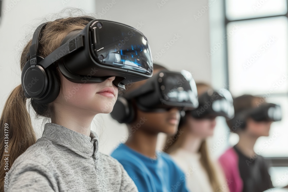 Students in a classroom with VR headsets. Generative AI Students in a classroom with VR headsets. Generative AI