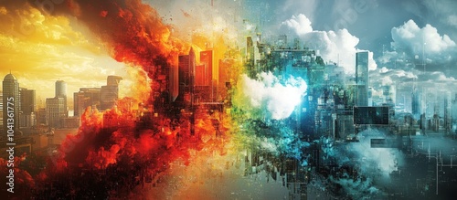 Abstract cityscape with fire and water elements.