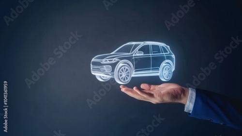 A hand presenting a hologram of a CNG car on a grey background, representing advancements in eco friendly vehicles and alternative energy sources, CNG car photo