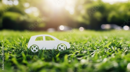 A white CNG car is parked on green grass with a blurred bokeh background, emphasizing clean energy, sustainability, and environmental awareness, new tech for CNG cars photo