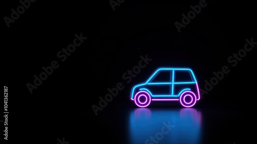 A car icon glowing in blue neon light against a black background, representing CNG vehicle technology and futuristic transportation, neon car photo