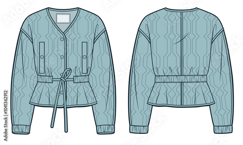 Down Jacket technical fashion Illustration. Light Padded Quilted Jacket fashion design, drawstring waist, pockets, buttons, collarless, front and back view, blue, women, men, unisex CAD mockup.