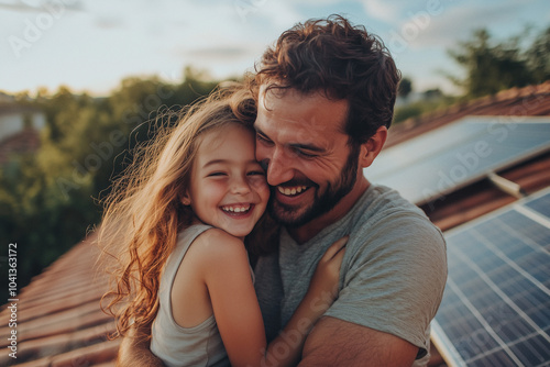 Vater und Tochter lächelnd und umarmend vor Solarzellen, Familienfreude, erneuerbare Energie, nachhaltiges Leben, umweltfreundlich, Sonnenlicht,  Photovoltaik, PV