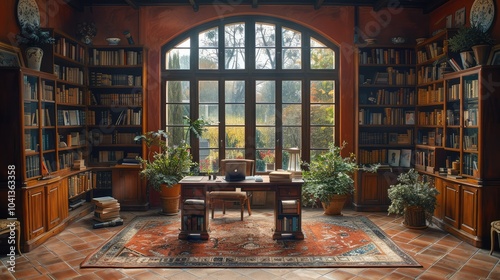 A Tranquil Home Office Bathed in Warm Autumn Light.