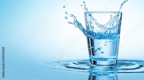 Splashing Water in a Clear Glass on Blue Background