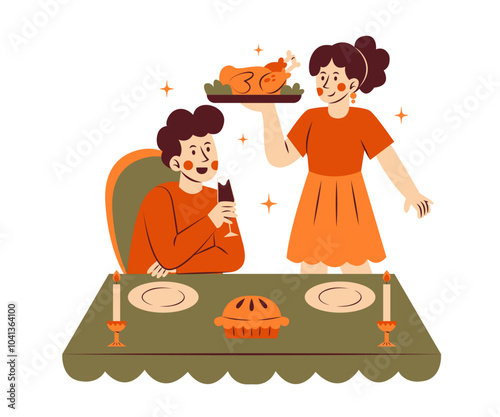 Thanksgiving Concept Illustration.  Woman Serving Roast Turkey on Thanksgiving Day photo